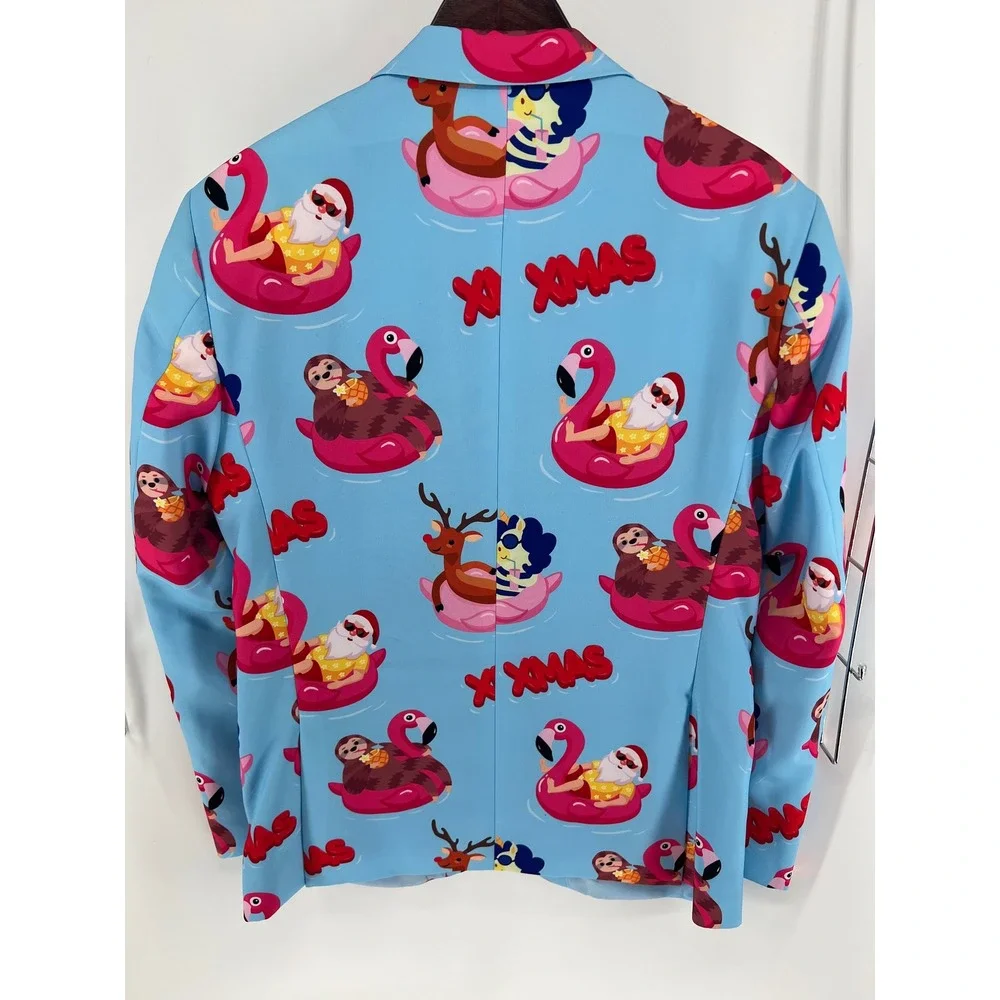 Braveman Mens 40R Blue Flamingo Santa Reindeer Sloth Christmas Suit Blazer